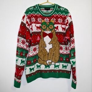 Blizzard Bay Large Cat Holiday Christmas Striped Pullover Ugly Christmas Sweater